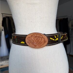 Vintage Hand Tooled and Painted Leather Belt With Western Tooled Rose Buckle